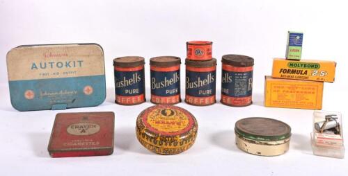 TINS AND BOXES: A collection of vintage tins, including a Johnson & Johnson Autokit first-aid kit