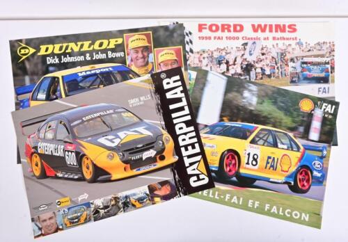 FORD: Four colour posters of Ford V8 Supercars including the CATERPILLAR AU FORD FALCON of Simon wills, Shell EF Ford Falcon of John Bowe and Dick Johnson, victorious Pirtek EL Ford Falcon from 1998 FAI 1000 Classic at Bathurst, all posters measure 42cm w