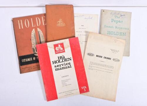 HOLDEN: A collection of six Holden related items including 1952 'HOLDEN CATALOGUE OF PARTS AND ACCESSORIES' by NASCO, 76 pages, tear to front cover, 'HQ HOLDEN service manual (VOL 5) (PART No. M.37019), manual with staining, Holden Parts and Price Lists, 