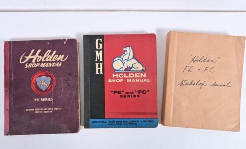 HOLDEN: Three original Holden Shop Manuals including 1957 'Holden SHOP MANUAL "FE" SERIES, together with two copies 'GMH HOLDEN SHOP MANUAL "FE" and "FC" SERIES, one lacking rear cover, other with paper to covers