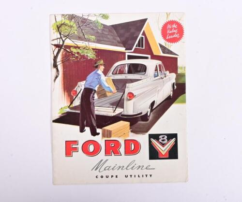FORD: A Ford Motor Company of Australia Pty Ltd Ford V8 Mainline colour lithographed sales brochure, fold out format, sales narrative, model feature detail, specifications to rear, one page loose, dealer stamped 'CENTENARY MOTORS PTY LTD, BRUNSWICK, etc'.