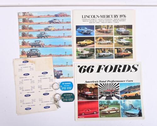 FORD: A group of Ford 1960's/1970's sales brochures and RAY DRUMMOND 'SERVICE DUE ....' reminder slips and keyrings, brochures include 1966 '66 FORDS - America's Total Performance Cars', 'THE 1976 FORDS' and 'LINCOLN-MERCURY 1976' sales brochures, all bro