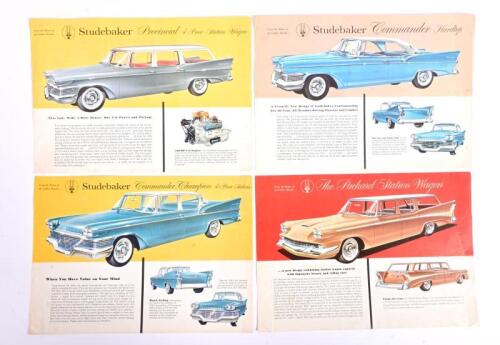 STUDEBAKER-PACKARD: Four single sheet, double sided sales brochures, each brochure with model picture and sales narrative to one side, model features and specifications to other. Circa 1950's