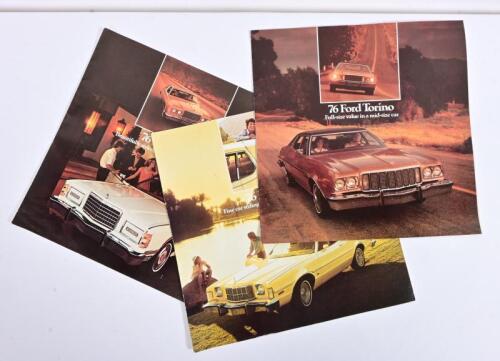 FORD: Three 1976 colour Ford sales brochures detailing Elite, LTD, Torino models, all fold out format, each with sales narrative, interior and exterior model pictures, standard feature information, specifications