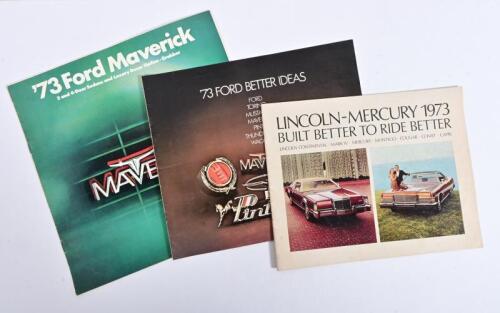 1973 FORD BROCHURES: Three 1973 Ford sales brochures including 'LINCOLN-MERCURY BUILT BETTER TO RIDE BETTER', '73 Ford Maverick', '73 FORD BETTER IDEAS' brochures, each colour with sales narrative, exterior and interior model pictures, specifications, opt