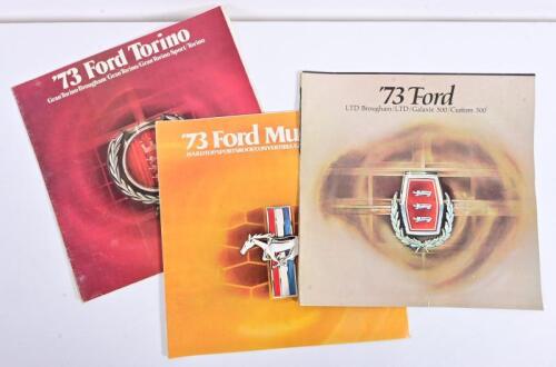 FORD: Three 1973 American Ford sales brochures detailing LTD, Galaxie 500, Custom 500, Mustang, Torino models, all colour with sales narrative, model feature details, model characteristics, options information, colour charts, safety narrative, LTD?galaxie
