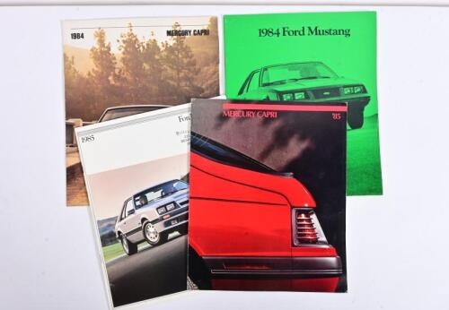 FORD: Four 1980's Ford Capri and Mustang colour sales brochures including 1984 Ford Mustang, 1984 Mercury Capri, MERCURY CAPRI '85, 1985 FORD MUSTANG brochures, all with sales narrative, interior and exterior pictures, features/options lists, specificatio