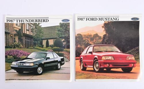 FORD: Two 1987 Ford sales brochures covering Mustang and Thunderbird models, each colour with sales narrative, exterior and interior model pictures, model features, equipment details, colour & trim charts,