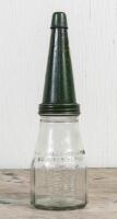 CASTROL: A circa 1950s Castrol Wakefield one imperial pint embossed glass oil bottle with early CW SAE 30 tin pourer - 2