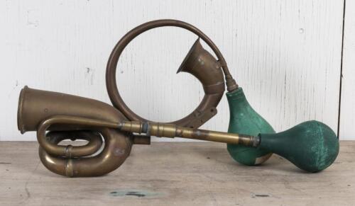RAMA: Two Roma brass car horns with bulbs, one bulb perished, longest 57cm long
