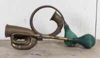 RAMA: Two Roma brass car horns with bulbs, one bulb perished, longest 57cm long