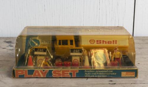 SHELL: A Japanese Shell oil tanker and service station play set by Lucky Quality Toys, NIB, 9cm high, 26cm wide, 14cm deep