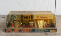 SHELL: A Japanese Shell oil tanker and service station play set by Lucky Quality Toys, NIB, 9cm high, 26cm wide, 14cm deep