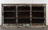 DISPLAY CASE: A large three sliding door display case with distressed finish, first half of the 20th century, 121.5cm high, 234cm wide, 54cm deep - 2