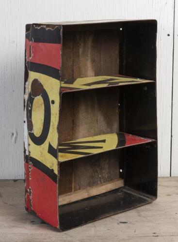 CASTROL: A set of shelves made from an early enamelled Castrol sign and a Vacuum Oil Co kerosene box, 53cm high, 35cm wide, 17cm deep
