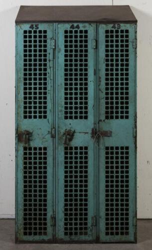 LOCKERS: A set of vintage industrial green painted lockers, 183cm high, 92cm wide, 37cm deep