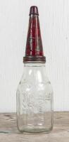 CASTROL: A circa 1950s Castrol Wakefield one imperial quart embossed glass oil bottle with early Super Grade XL Medium tin pourer - 2
