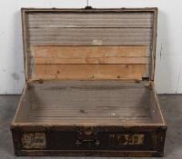 TRAVEL TRUNK: An early 20th century iron and wood bound travel trunk, 32cm high, 92cm wide, 53cm deep - 3