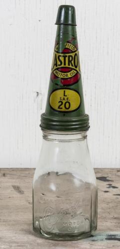 CASTROL: A circa 1950s Castrol Wakefield one imperial pint embossed glass oil bottle with reproduction L SAE 20 tin pourer
