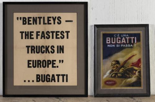 BUGATTI: Two reproduction framed prints relating to Bugatti, window framed and glazed, the largest 64.5 x 67.5cm overall