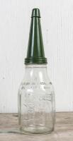 CASTROL: A circa 1950s Castrol Wakefield one imperial quart embossed glass oil bottle with reproduction L SAE 20 tin pourer - 2