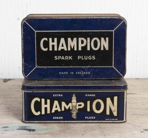 CHAMPION: Two vintage Champion Spark Plug tin boxes, 7cm high, 19cm wide, 11cm deep