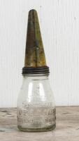 SINCLAIR: A Sinclair Opaline one pint embossed glass oil bottle with Shell tin pourer, the pourer heavily worn, - 2
