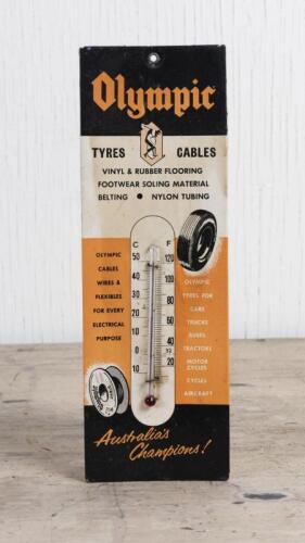 OLYMPIC: A Olympic tyres promotional thermometer mounted on thick cardboard, 24.5 x 8cm
