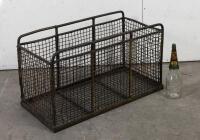 WIRE CRATE: A large vintage iron wire crate, 49cm high, 88cm wide, 42cm deep (bottle not included)