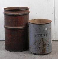 OIL DRUMS: Two large vintage oil drums, largest 74cm high, 48cm diameter