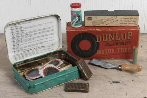 REMA/DUNLOP: A Rema Tip Top vulcaniser kit on original tin box, together with an empty Dunlop motor tube box, the Rema tin 5cm high, 18cm wide, 13cm deep