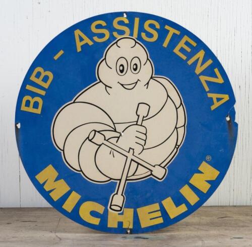 MICHELIN: A 1970s Italian thick card tyre sign featuring Bibendum, 49cm diameter