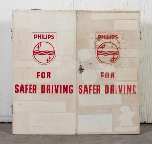 PHILLIPS: An original Phillips automotive lamp double door metal wall cabinet, 67cm high, 68cm wide, 10cm deep