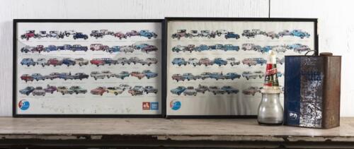 GOLDEN FLEECE/CASTROL/HOLDEN: A 1970s 5l Golden Fleece degreaser tin and a 500ml Castrol GTX oil bottle and pourer, together with two framed and glazed 50th anniversary Holden posters, one with glass broken and one with frame broken