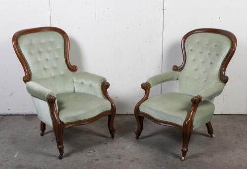 JACK DAY: Two Victorian button back green velvet upholstered walnut Grandfather armchairs, standing on cabriole legs with castors, ex AGP driver Jack Day. This lot is accompianied by a letter of provenance from the owner