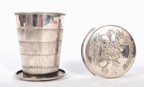 TRAVEL CUP: An American nickel on brass 'Cyclists Cup' telescopic travel cup and cover