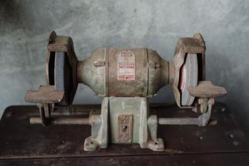 GRINDER A &lsquo;GMF Mark III&rsquo; 8&rdquo; heavy duty table top grinder; together with a NOS &lsquo;Jalus&rsquo; brush fitting in box.