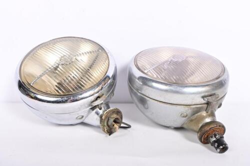 SPOTLIGHTS: A pair of 1940s Lucas spotlights, 23cm high, glass 15cm diameter. Type FT 57