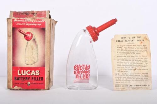 LUCAS: A 1950s Lucas glass battery filler in original box with instructions, 19cm high