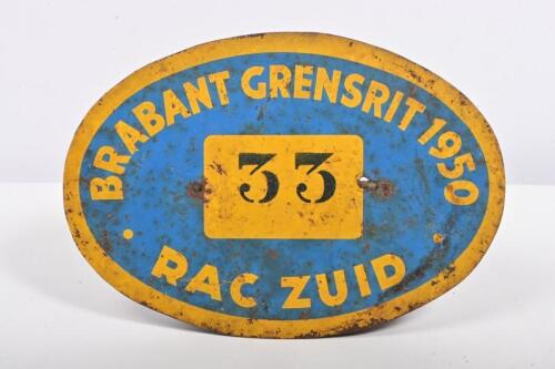 RALLY PLATE: A 1950 RAC Zuid Brabant Grensrit car rally participant plate number 33, 21 x 30cm