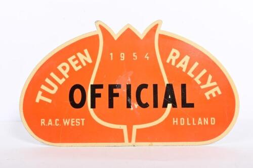 TULPEN RALLY: A 1954 RAC Tulpen car rally officials plate number, screen printed on steel plate, 18 x 31.5cm