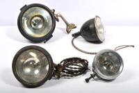 SPOTLIGHTS: A collection of four 1920s spotlights, including S&M lamp company, Autoreelite and Agree B, largest glass 14.5cm diameter