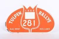 TULPEN RALLY: A 1958 RAC Tulpen car rally participant plate number 281, screen printed on steel plate, 18 x 31.5cm
