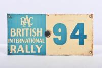 BRITISH INTERNATIONAL RALLY: A late 1940/50s RAC British International Rally car rally participant plate number 94, printed on steel plate, 16 x 33cm