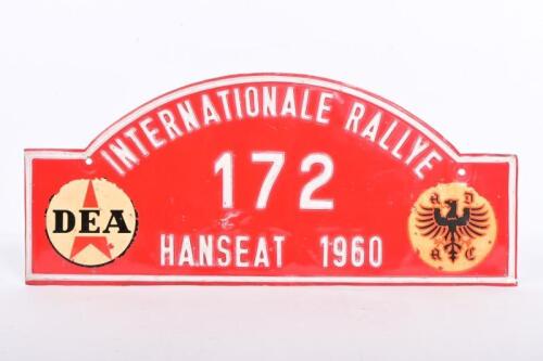 HANSEAT INTERNATIONAL RALLY: An ADAC Hanseat International Rally participant plate number 172, painted and embossed on tin, 16 x 33cm
