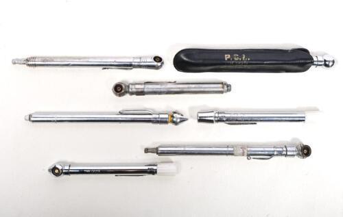 TYRE PRESSURE GAUGES: A collection of six tyre pressure gauges, including RVB, PCL & Schrader, one with leather case, longest 15cm