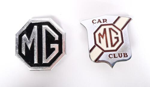 MG: A 1950s MG car club enamelled chrome on brass badge and another MG badge, 9.5cm high