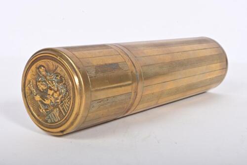 FIRE EXTINGUSHER CASE: A French circa 1940/50s 'Stop Fire' brass fire extinguisher case, 19.5cm high, 5cm diameter