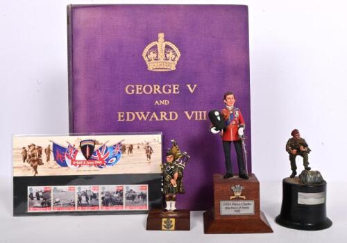 BRITISH: A collection of four items related to British royalty and soldiering. King Charles figurine, hardcover copy of 'GEORGE V AND EDWARD VIII - A Royal Souvenir' by F. G. H. Salusbury