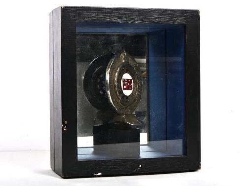 RACV: A circa 1925 Royal Automobile Club of Victoria (RACV) nickel plated brass badge by Angus & Coote of Sydney, with central enamelled Victorian flag to one side and enamelled RACV emblem to the other, badge number '4381', on stand housed in a box frame